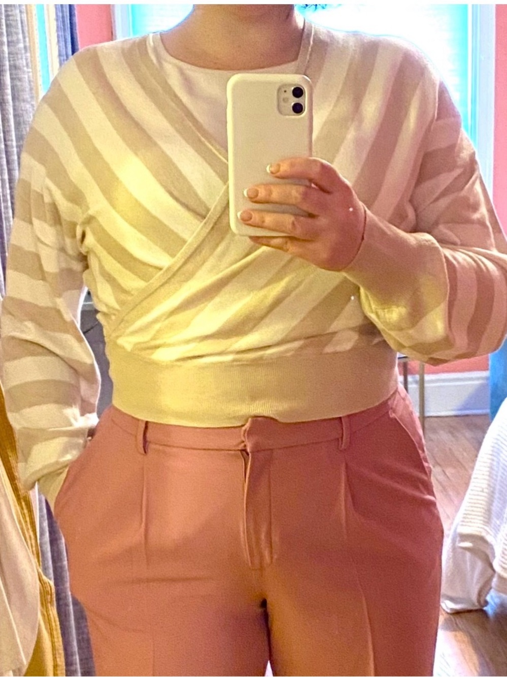 RW&CO. Beige and White Striped V-Neck Wrap Sweater